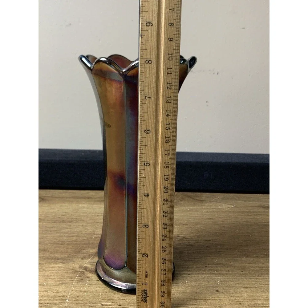 Vintage Concave Flute Carnival Glass Vase 8” By Westmoreland MCM Decorative READ